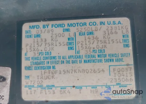 1989 Ford F150 z USA, uszkodzony, nr VIN 1FTDF15N7KNB02654